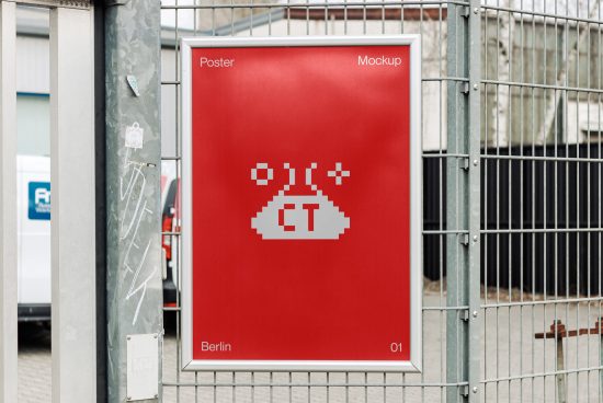 Urban outdoor poster mockup in a metal frame attached to a fence, with red pixel art design, labeled 'Berlin 01' for graphic designers.